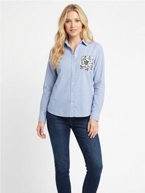THAKOON blue striped and floral size large button down shirt
